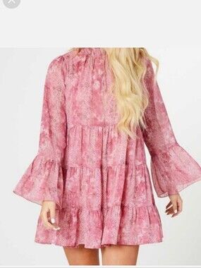 Altar'd State Pink Snakeskin Boho Tiered Ruffle Mock Neck Mini Dress Size M